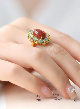 925银防天然南红戒指女烧蓝复古宫廷风高级感复古红色食指戒手饰