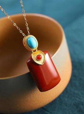 天然南红玛瑙无事牌吊坠项链女精选优质南红赤玉925纯银镶嵌磨砂