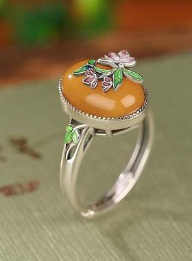 天然蜜蜡珐琅桃花戒指纯银镶琥珀蛋面指环 覆古优雅开口指女手饰
