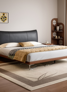 中古风黑色小户型真皮床现代简约高端实木床主次卧白蜡木软包大床