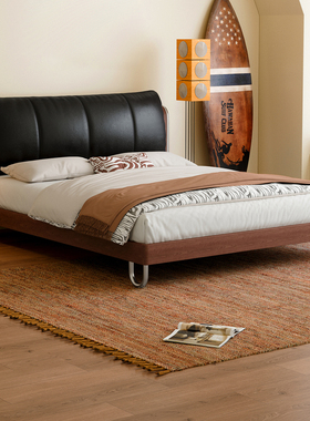 复古包豪斯实木床1米8真皮双人床中古风白蜡木软包主卧床新款婚床