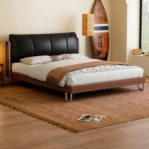 复古包豪斯真皮床1米8双人实木床