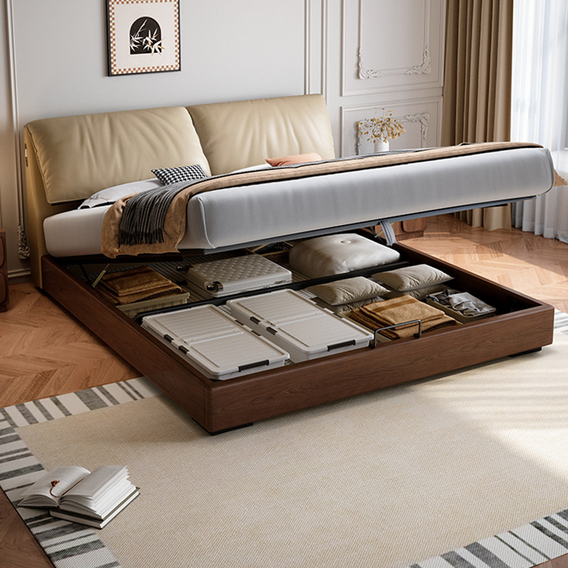 中古风白蜡木真皮床多功能高端大气储物软包床大象耳朵主卧双人床