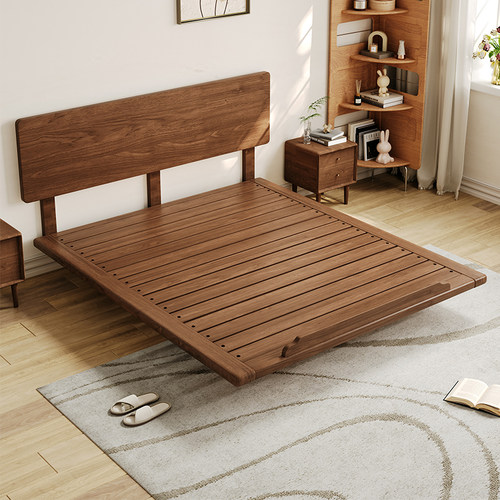 黑胡桃木床悬浮带灯尺寸可定制