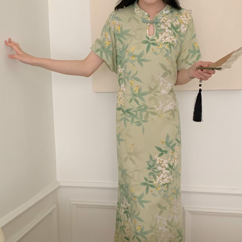 新中式棉绸睡裙夏季女2024新款加长短袖连衣裙盘扣可外穿裙子腰带