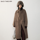 高级感荡领毛呢外套长款 BACK TIMES羊毛双面呢大衣女2025秋冬新款