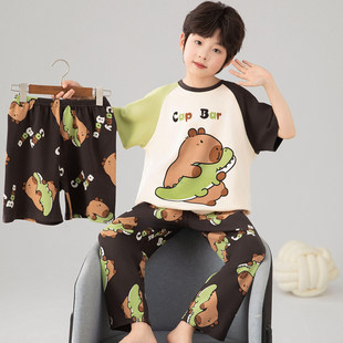 全棉纯棉2026男童睡衣夏季新款儿童中大童三件套卡通短袖套装家居