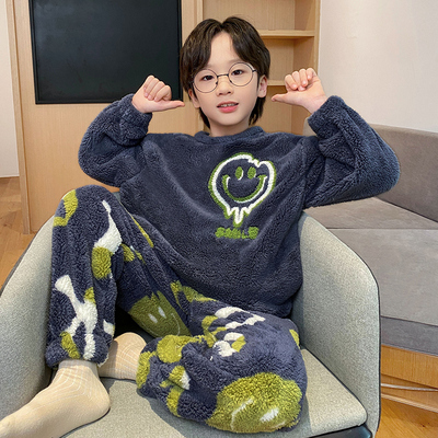 芬腾2025新款儿童睡衣珊瑚绒冬季加绒加厚男童青少年学生法兰绒秋