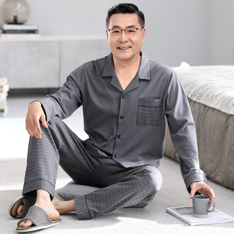 芬腾2025年睡衣男士春秋纯棉长袖夏季薄款中老年人全棉爸爸家居服