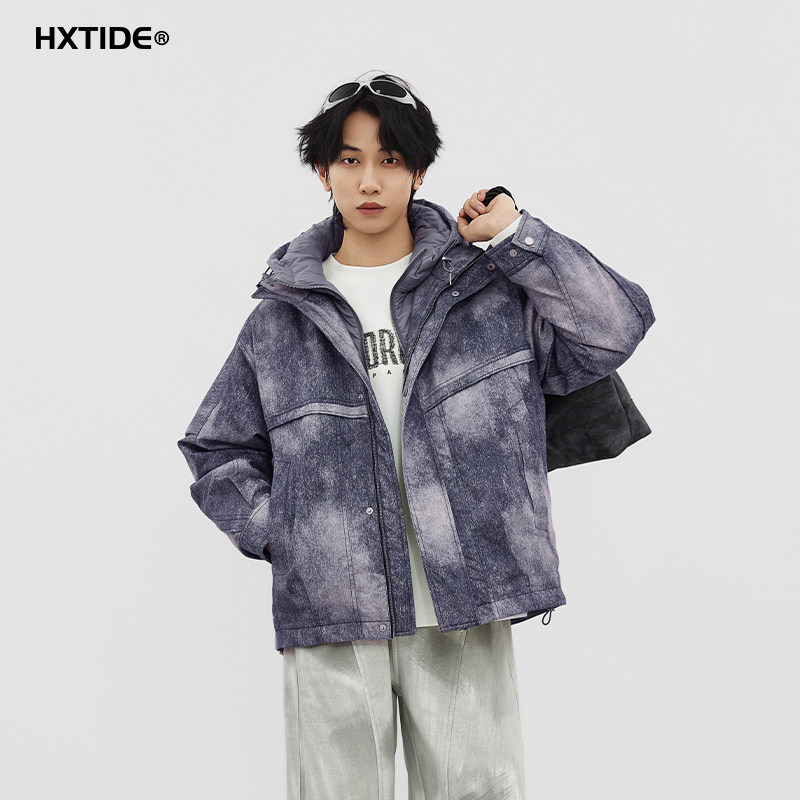 HXTIDE中国狐轩男装冬季假两件短款带帽羽绒服90绒C100540007101