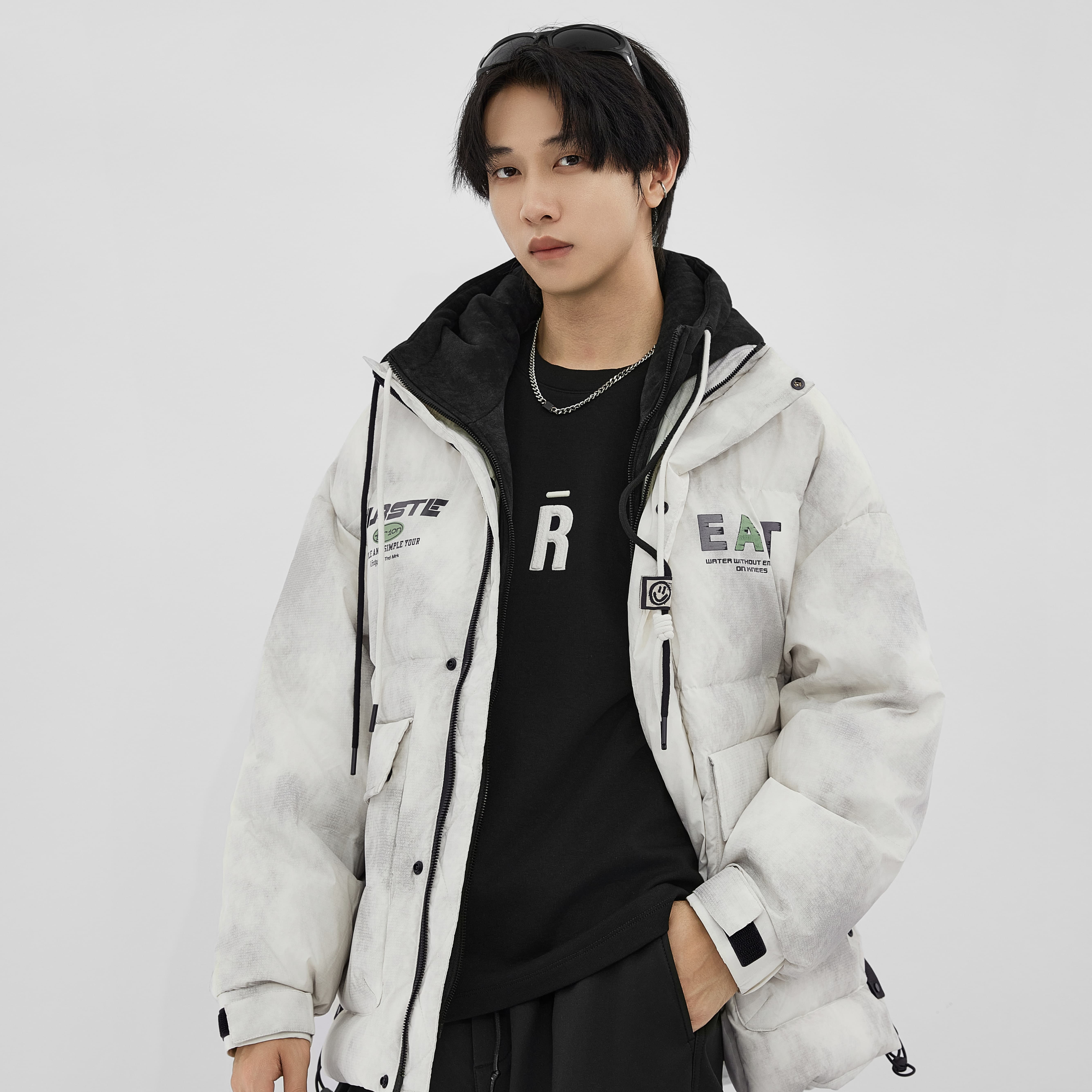 HXTIDE中国狐轩男装冬季短款带帽羽绒服假两件阔版情侣款正品外套