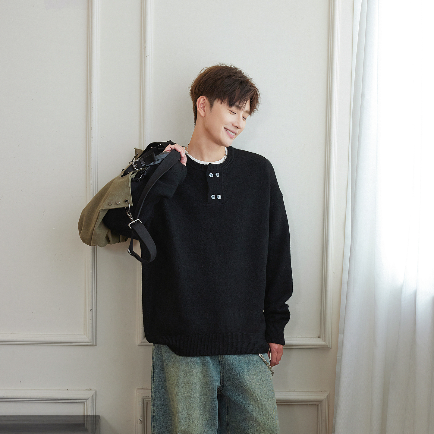 540g重磅双纽扣亨利领针织毛衣潮