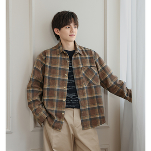 vintage宽松百搭老钱风衬衣外套 男生秋季 WAJ美式 休闲复古格纹衬衫