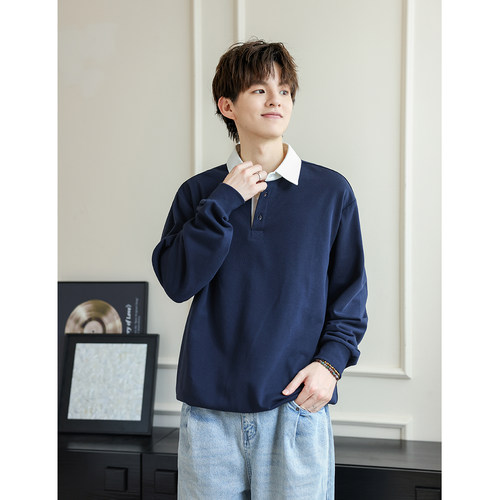 美式潮流深蓝撞色百搭老钱POLO衫