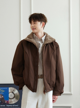 WAJ25冬季美式复古工装翻领拼接夹克90绒羽绒服男仿羊羔毛外套潮