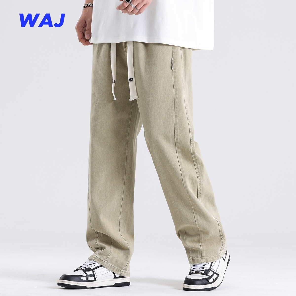 春秋季新款美式高街拼接砂洗宽松直筒牛仔休闲裤男潮牌抽身阔腿裤,男装,牛仔裤,淘宝优惠券,粉丝福利购,淘宝优惠卷