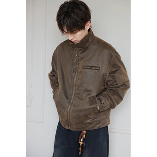 WAJ巴安油蜡皮复古硬汉工装夹克男秋冬美式重磅水洗棉布短宽外套