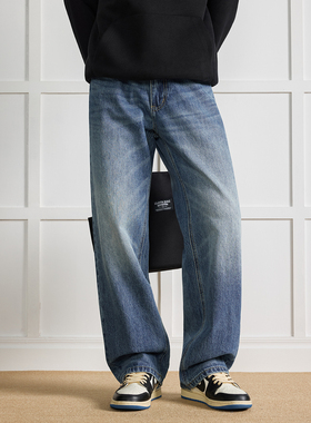 WAJ日系竖竹石磨纹肌理水洗蓝色牛仔裤男cleanfit立体猫须长裤潮