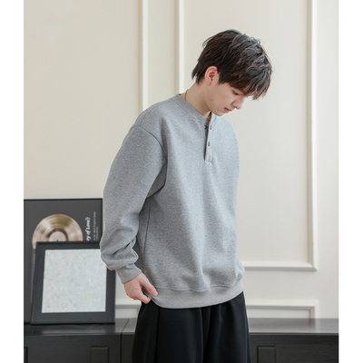 美式复古简约420g纯色亨利领卫衣