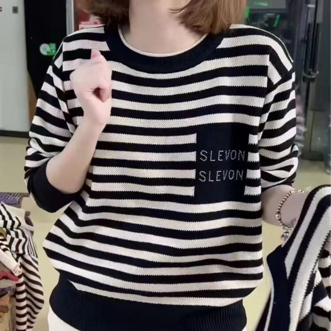 春秋条纹长袖T恤打底衫上衣女