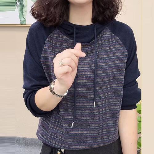 春秋显瘦百搭条纹连帽卫衣女