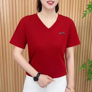 韩版 V领显瘦打底上衣 T恤女夏季 妈妈装 短袖 大码 休闲体恤衫 新款 女装