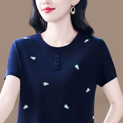 夏季纯棉印花显瘦减龄妈妈T恤