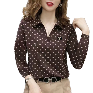 秋季新款女大码妈妈装波点长袖t恤女气质百搭圆点宽松polo衫上衣