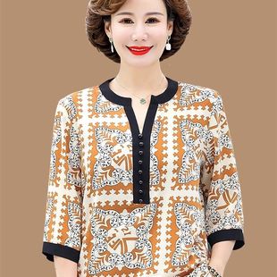 中老年人女春秋装 新款 上衣时尚 妈妈夏装 洋气宽松T恤复古印花大码