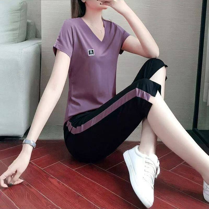 夏季新款运动休闲套装女短袖七分裤洋气时尚大码女装两件套潮