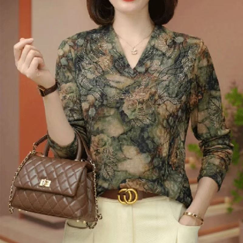 新款时尚德绒碎花V领宽松长袖