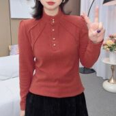 遮肚中老年妈妈装 秋冬新款 半高领纽扣拼接上衣女 女装 长袖 时尚 大码