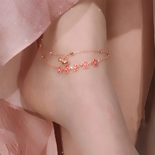 唐潮饰品桃之夭夭撼花铃脚链气质古风宫铃花朵轻奢性感双层足链女