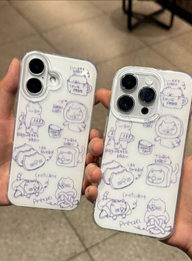 卡通ins风线条面包喵手机壳适用iPhone16/15promax个性华为pura70/mate70高级感小米15/14保护套软壳vivoS20