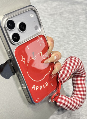 适用苹果17/16promaxins风红色线条苹果手机壳带挂绳IPhone15/14plus情侣vivox300/200电镀findX9/X8保护套女