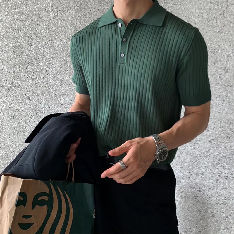 夏季冰丝针织翻领条纹Polo衫男
