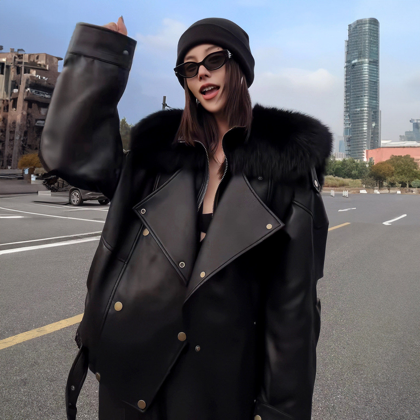 韩系黑色毛领皮衣外套女2025新款PU皮机车服双排扣休闲皮夹克