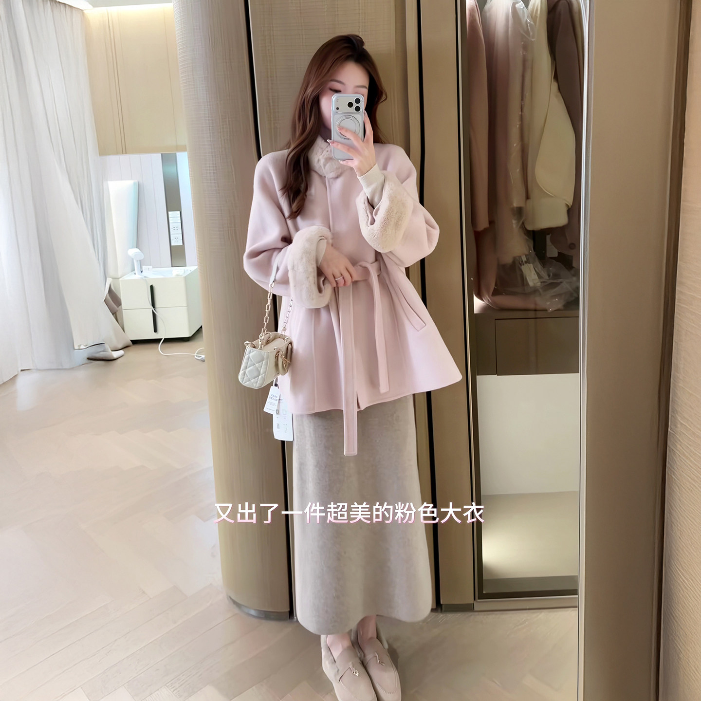 富家千金感韩系甜美粉色毛呢外套女款冬季毛毛领夹棉斗篷收腰大衣