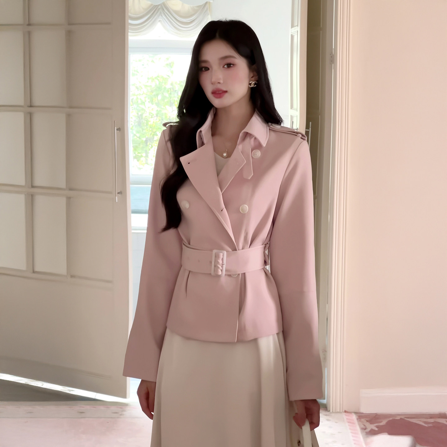 粉色抗皱立领双排扣显瘦风衣女