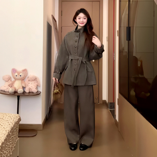 韩系高级感灰咖色毛呢大衣女立领单排扣收腰系带防风呢外套