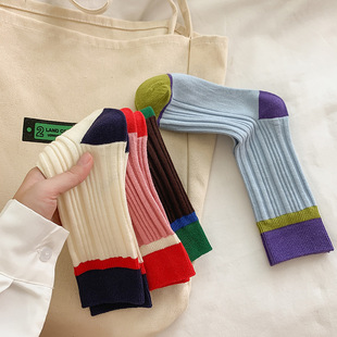 秋冬季双针袜子撞色条纹袜子女中筒糖果色休闲棉袜 3双包邮