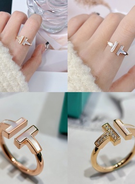 轻奢双T戒指女18K玫瑰金小众设计精致高级感时尚百搭奢华情侣对戒