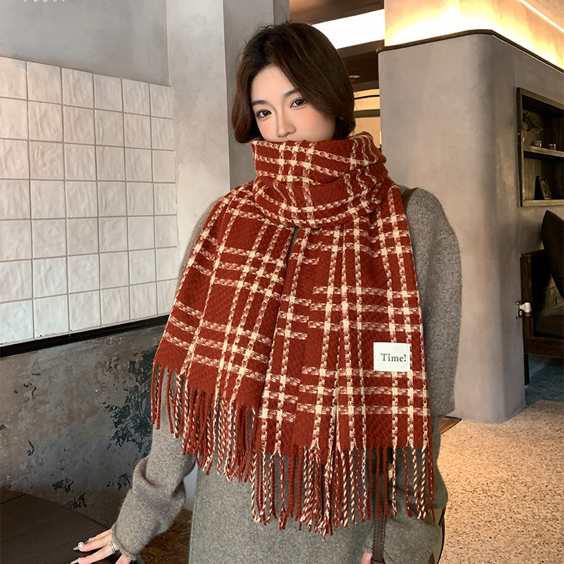 韩版保暖秋冬围巾女大尺寸百搭格纹围脖加厚保暖仿羊绒披肩礼盒