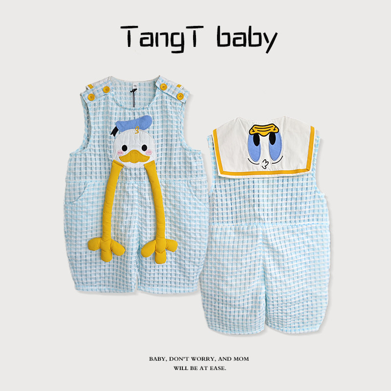 【凉快鸭】连体衣睡袋宝宝夏装卡通风通用女童无袖连体渔夫裤子