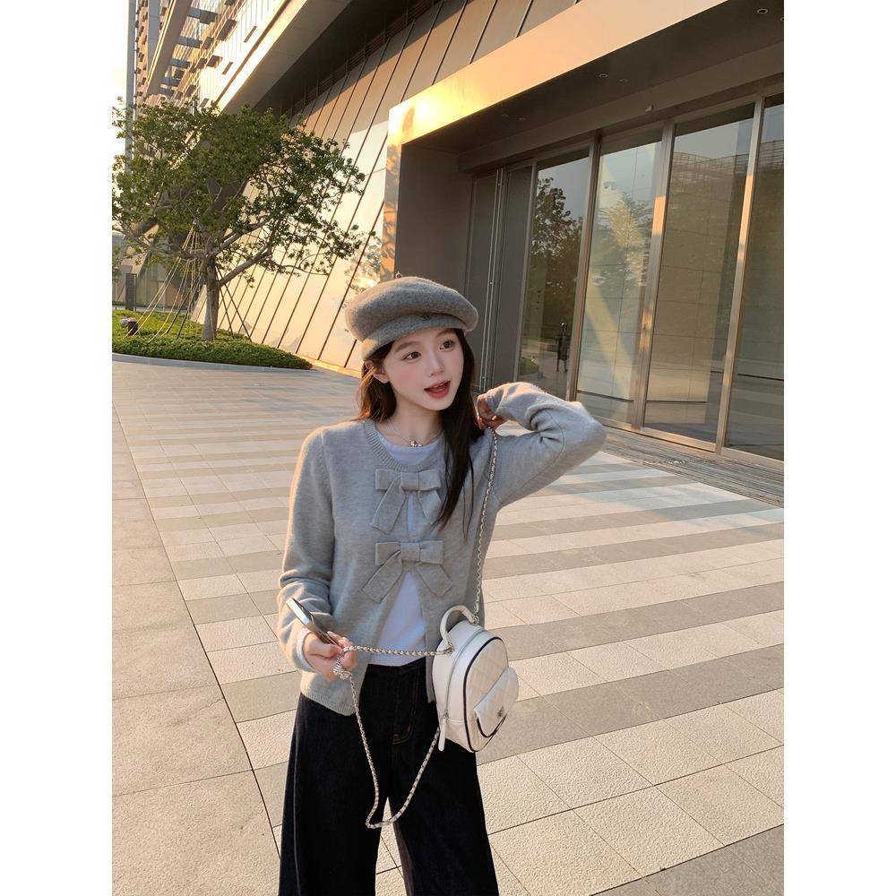 切糕自制【韩系甜美】小个子秋冬季女设计感减龄蝴蝶结假两件毛衣