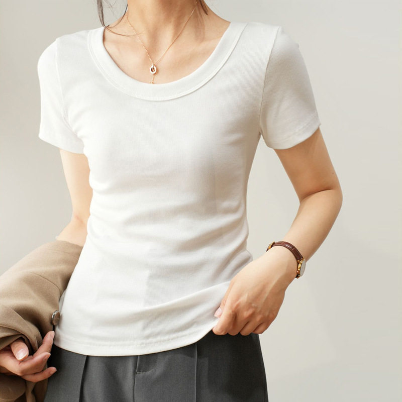 纯色正肩U领短袖t恤女士2025夏季新款外穿百搭修身打底衫圆领上衣