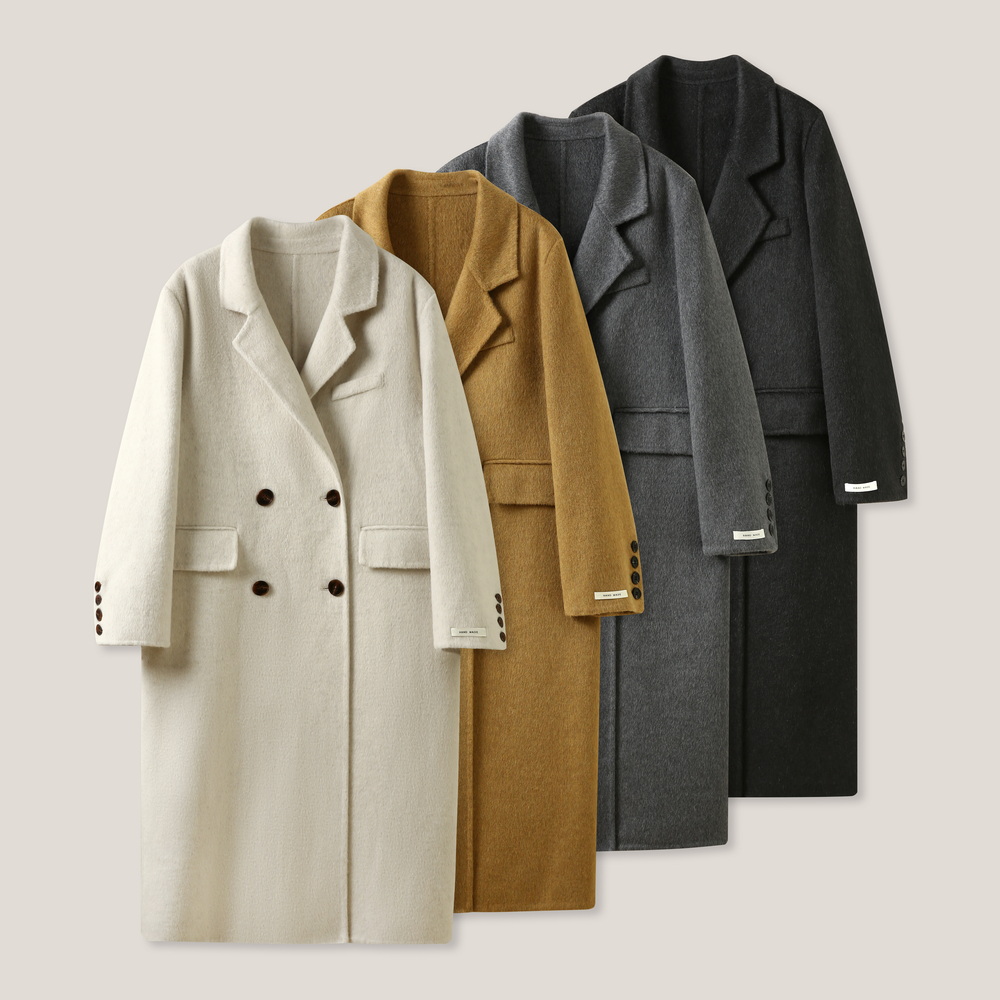 【潘星星专属】长款休闲百搭毛呢戗驳领长袖双排扣外套ss26506