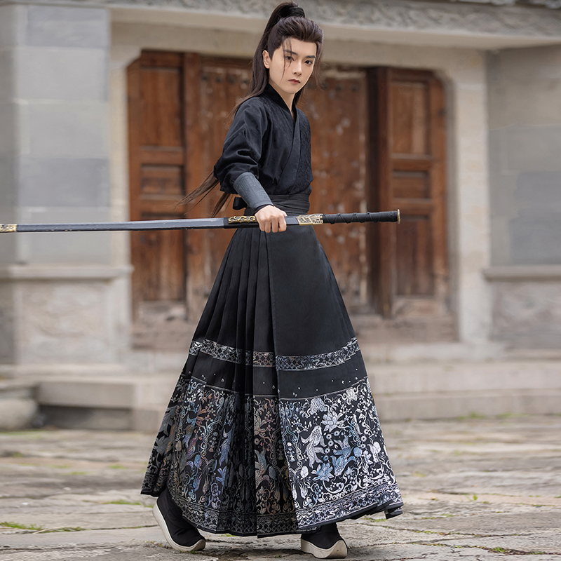 雪莲乐【锦鱼池】原创螺钿马面裙套装明制汉服男新中式男装黑色夏