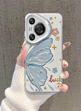 油画适用荣耀x60手机壳magic5华为mate70pro半边蝴蝶pura80蓝色nova14小花400pro小清新300/gt/power/50e/200