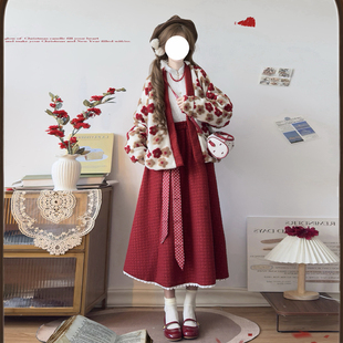 汉服女宋制毛呢飞机袖加绒加厚有口袋松紧腰裙新年冬季日常小清新